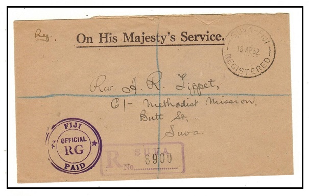 FIJI - 1952 stampless OHMS registered local cover with FIJI/OFFICIAL RG/PAID h/s in violet.