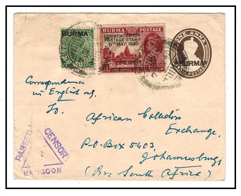 BURMA - 1938 1a brown PSE uprated to South Africa censored and used at LETPADAN.  H&G 1.