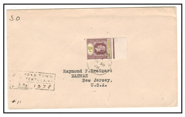BRITISH VIRGIN ISLANDS - 1928 5d rate registered cover to USA used at TORTOLA.