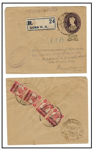 INDIA - 1945 1 1/2a black violet PSE registered and uprated to Bombay at GUNA. H&G 21.