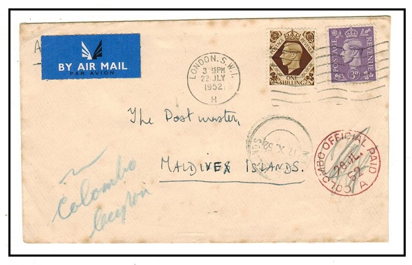 MALDIVE ISLANDS - 1952 inward cover from UK with 