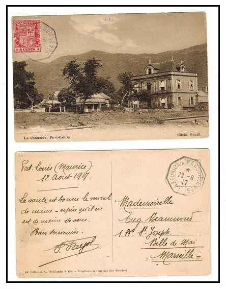 MAURITIUS - 1917 6c rate maritime postcard use to France cancelled LA REUNION A MARSEILLE No.5.