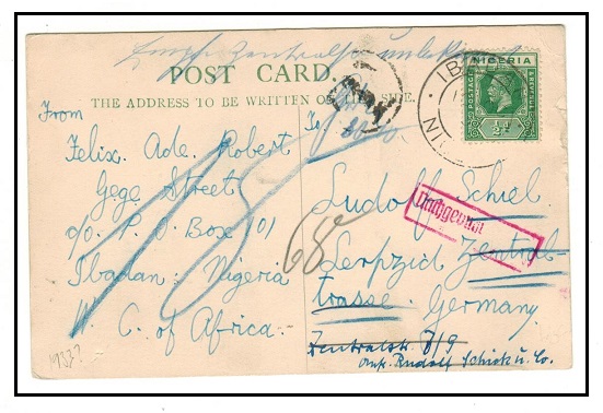 NIGERIA - 1933 underpaid postcard to Germany used at IBIDAN.