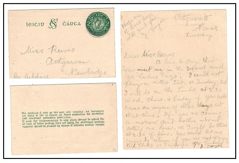IRELAND - 1924 2d dark green letter card used locally at NAAS.  H&G 1.