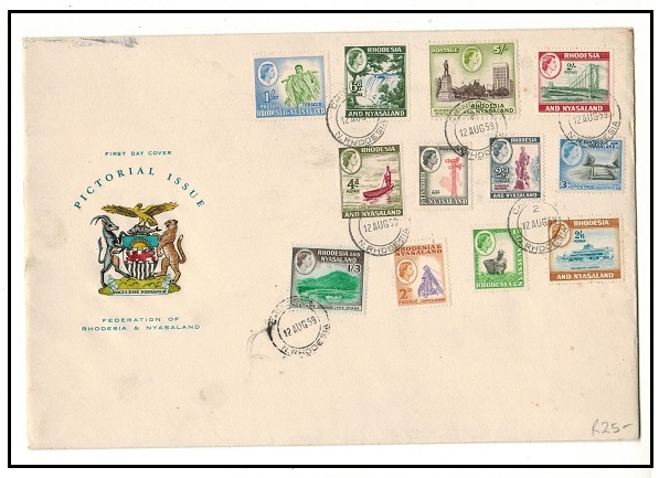 RHODESIA AND NYASALAND - 1959 definitive illustrated FDC with short set to 5/-. 