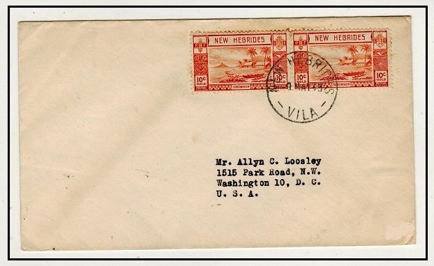 NEW HEBRIDES - 1945 20c rate cover to USA used at NEW HEBRIDES/VILA.