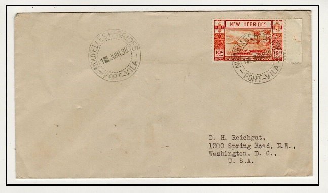 NEW HEBRIDES - 1938 10c rate FDC to USA used at NOUVELLES HEBRIDES/PORT VILA.