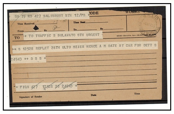 RHODESIA - 1955 use of TELEGRAM form used locally cancelled R.R.LTD/BULAWAYO TELEGRAPHS.