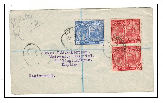 ST.KITTS - 1933 5 1/2d rate registered cover to UK.