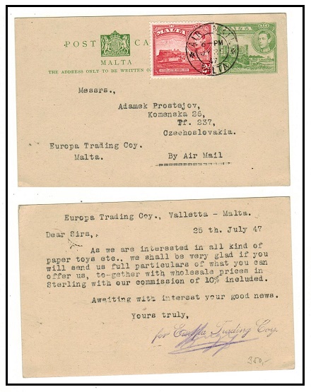 MALTA - 1942 1d green PSC uprated to Czechoslovakia.  H&G 18.