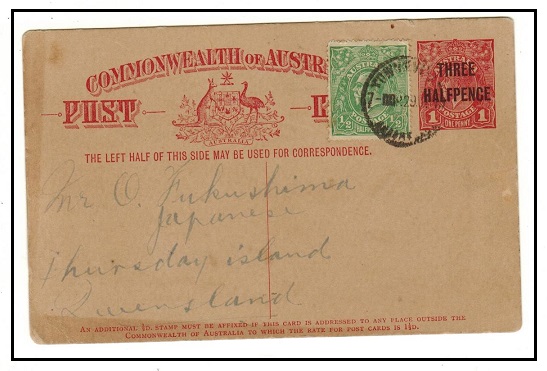 AUSTRALIA - 1919 1 1/2don 1d red PSC uprated locally at TOWNSVILLE.  H&G11.