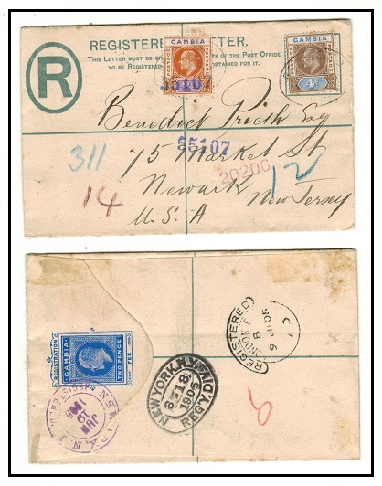 GAMBIA - 1902 2d ultramarine RPSE (size F) to USA uprated with 2d and 4d adhesives.  H&G 1.