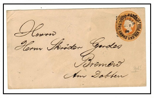 ZANZIBAR - 1891 2a6p on 4a6p yellow un-overprinted PSE of India to Germany used at ZANZIBAR.
