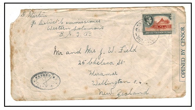 SOLOMON ISLANDS - 1943 2d rate censored cover (faults) to New Zealand used at MUNDA.