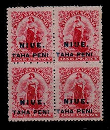 NIUE - 1902 1d carmine mint block of four with NO STOP AFTER PENI variety.  SG 9.