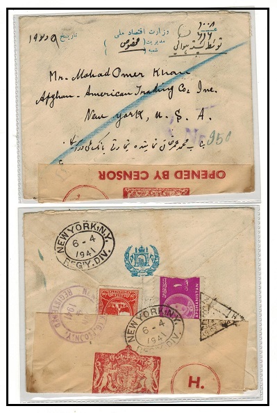 INDIA - 1940 ex Afghanistan cover to USA with rare PASSED BY CENSOR/H label applied.