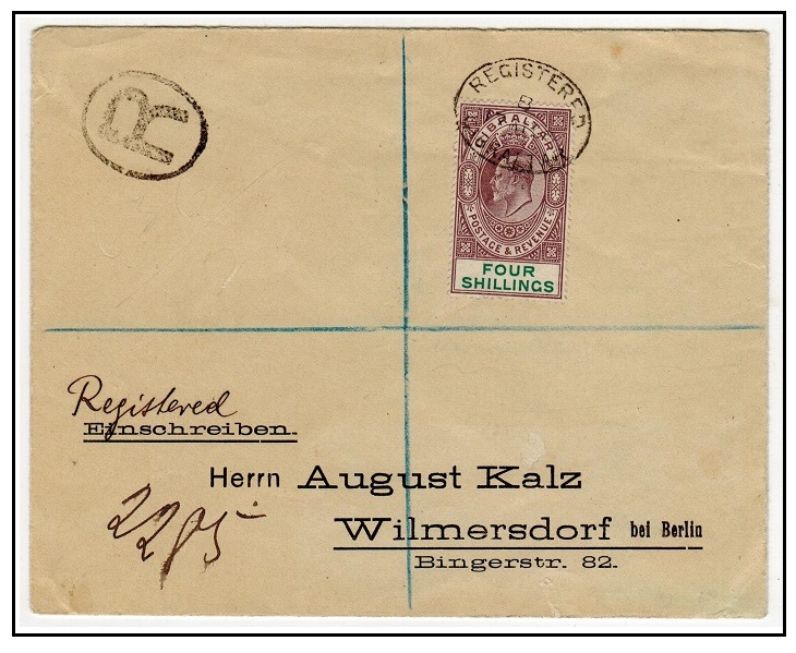 GIBRALTAR - 1905 4/- rate registered cover to Germany.