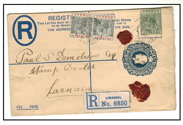 CYPRUS - 1925 2 1/2p blue RPSE uprated locally used at LIMASSOL.  H&G 11a.