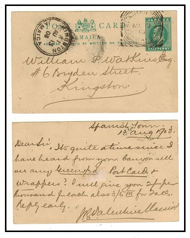 JAMAICA - 1903 1/2d green PSC used locally at SPANISH TOWN.  H&G 19.
