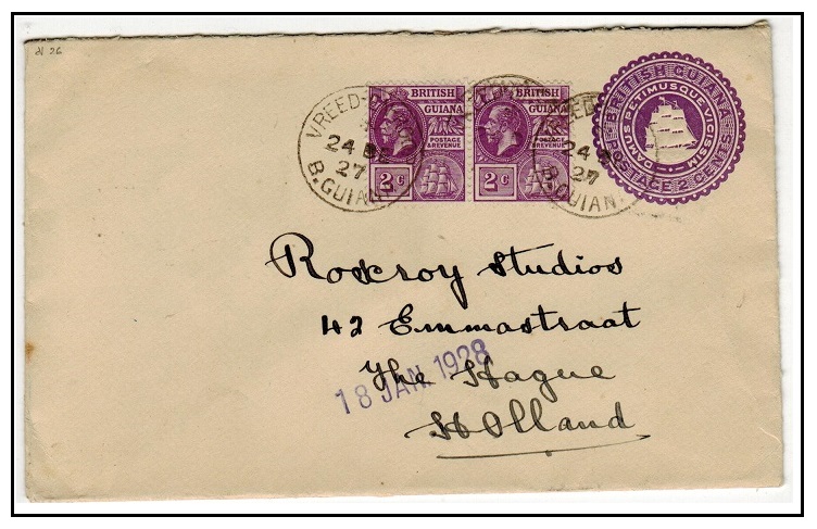 BRITISH GUIANA - 1923 2c violet PSE uprated to Holland at VREED-EN-HOOP.  H&G 6.