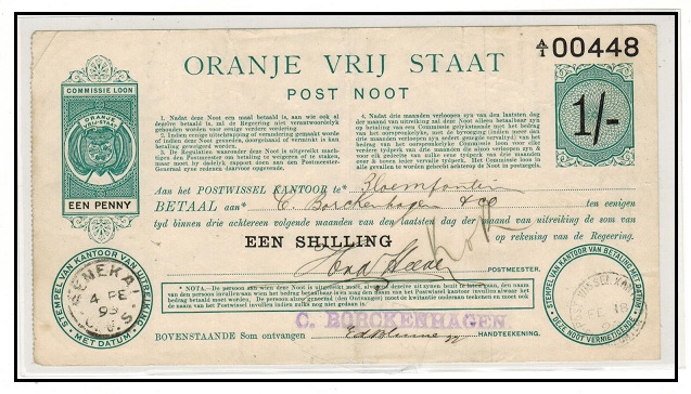 ORANGE FREE STATE - 1898 1/- + (1d poundage) green POSTAL ORDER cancelled at SENEKAL.  H&G 1.
