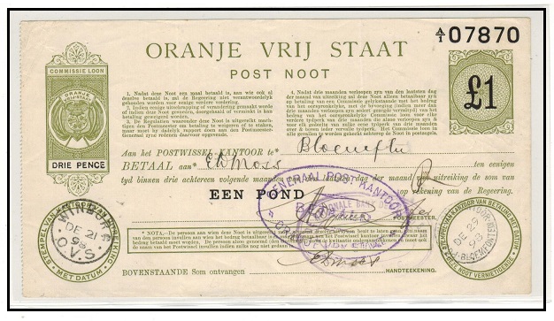 ORANGE FREE STATE - 1898 £1 + (3d poundage) olive green POSTAL ORDER cancelled at WINBURG .  H&G 10.
