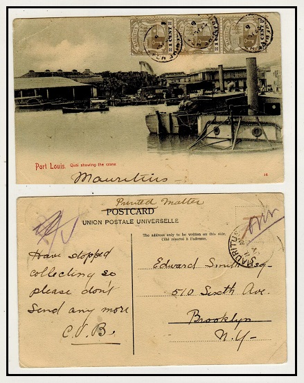 MAURITIUS - 1908 3c rate postcard use to USA used at CUREPIPE.