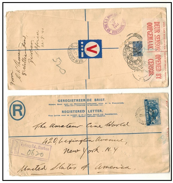SOUTH AFRICA - 1934-45 4d blue RPSE (size H2) censored use to USA with patriotic label.