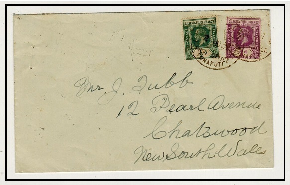 GILBERT AND ELLICE IS - 1937 1 1/2d rate cover to Australia used at FUNAFUTI.