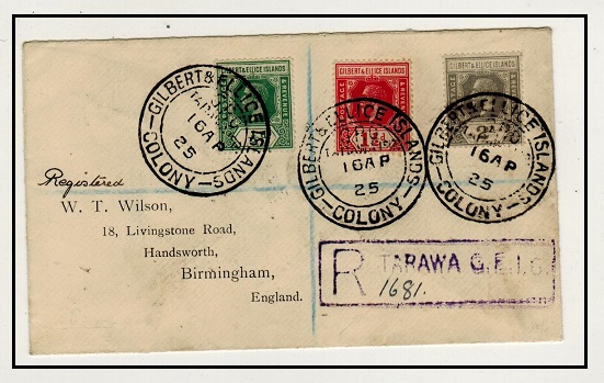 GILBERT AND ELLICE IS - 1925 4d rate registered cover to UK used at TARAWA.