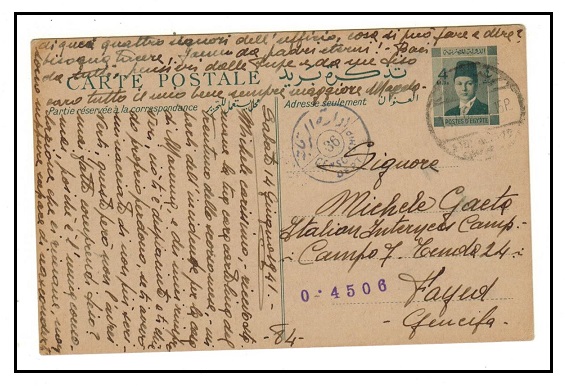 EGYPT - 1939 4m green PSC from SIDI GABER addressed to Italian Internee Camp at Fayid. H&G 37.