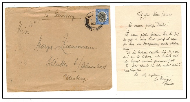 TANGANYIKA - 1933 30c rate cover to Germany used at MBOSI. 