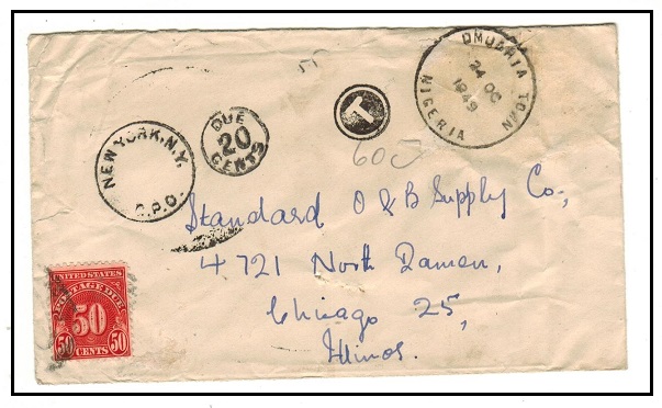 NIGERIA - 1949 stampless taxed cover to USA used at OMUARIA TOWN.