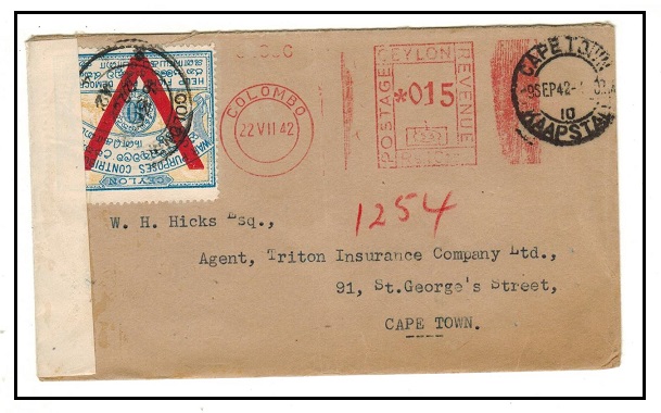 CEYLON - 1942 0.15c red meter mark censored cover to South Africa with 10c patriotic label applied.