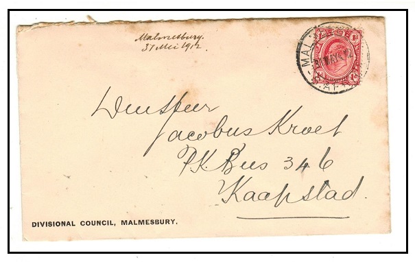 CAPE OF GOOD HOPE - 1912 1d (Transvaal) Inter Provincial cover used at MALMSBURY.