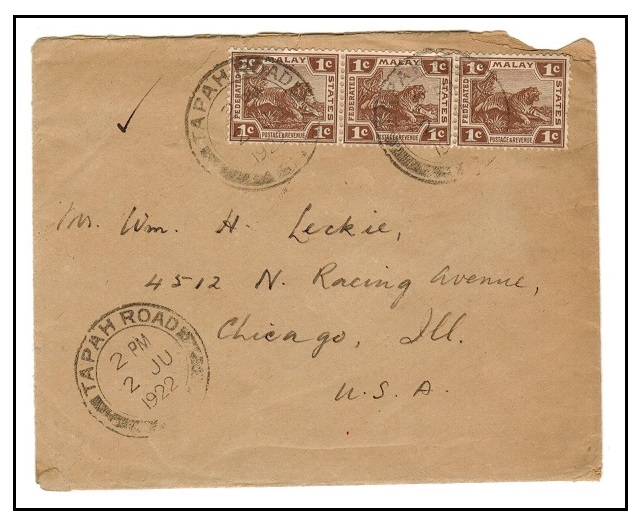 MALAYA - 1922 3c rate cover to USA used at TAPAH ROAD.