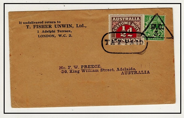 AUSTRALIA - 1920 (circa) inward underpaid cover with 1/2d CUSTOMS DUTY label applied.
