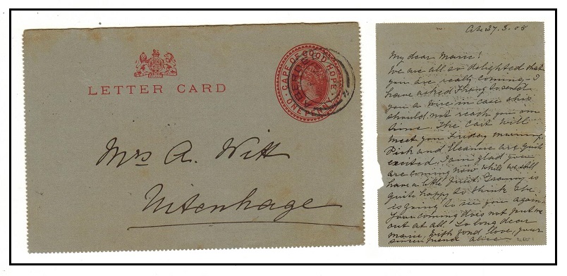 CAPE OF GOOD HOPE - 1895 1d brown carmine postal stationery letter card used locally at ABERDEEN.  