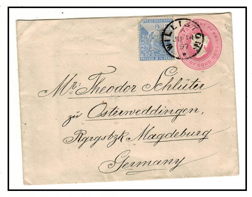 CAPE OF GOOD HOPE - 1892 1d pink uprated PSE to Germany used at WILLISTON.  H&G 2.