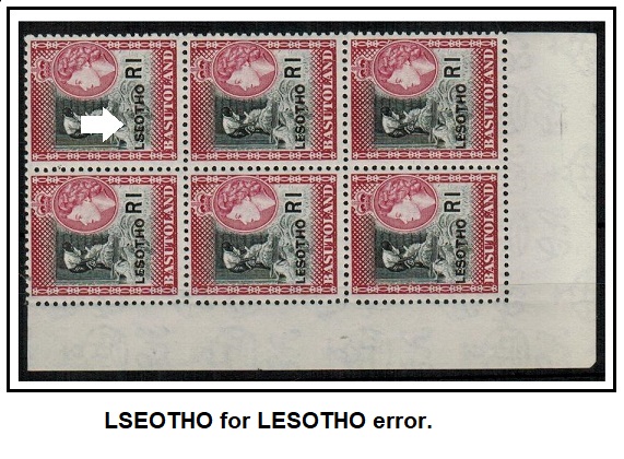 BASUTOLAND - 1966 R1 black and maroon U/M block of six showing LSEOTHO for LESOTHO variety.  SG 120A