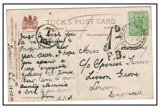 ORANGRE RIVER COLONY - 1910 1/2d underpaid taxed postcard to UK used at TARKASTAD.
