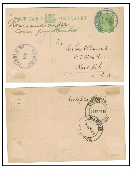 SOUTH WEST AFRICA - 1917 1/2d green censored PSC of South Africa used locally at KALKFELD.  H&G 4.