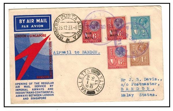 MALTA - 1933 first flight cover to Bandon in Thailand.