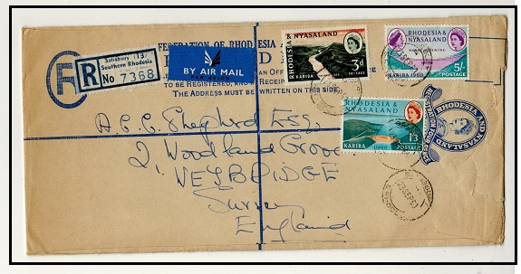 RHODESIA AND NYASALAND - 1955 4d blue uprated RPSE (size H2) to UK used at SALISBURY.  H&G 1a.
