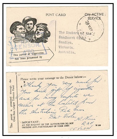 CEYLON - 1945 use of ON ACTIVE SERVICE cigarette acknowledgement postcard censored to Australia.