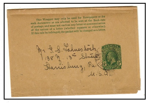 BERMUDA - 1913 1/2d green postal stationery wrapper to USA used at HAMILTON.  H&G 6.