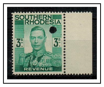 SOUTHERN RHODESIA - 1937 3/- green REVENUE U/M with official security punch.