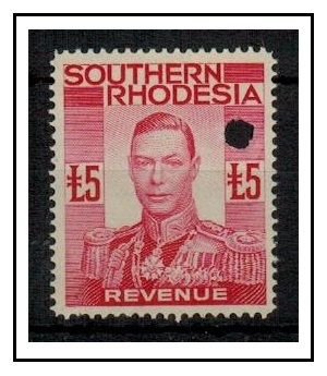 SOUTHERN RHODESIA - 1937 £5 red REVENUE U/M with official security punch.