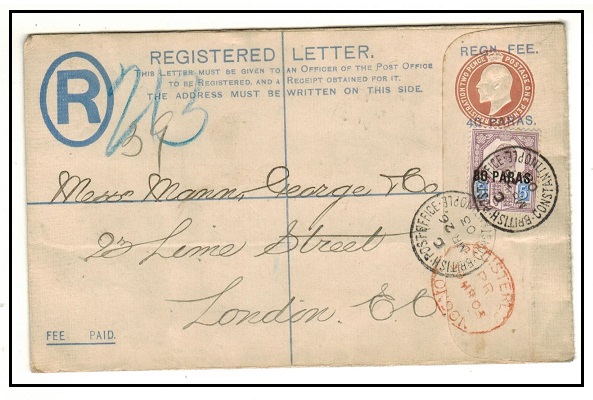 BRITISH LEVANT - 1907 40p on 2d+1d brown uprated RPSE to UK used at CONSTANTINOPLE.  H&G 14a.