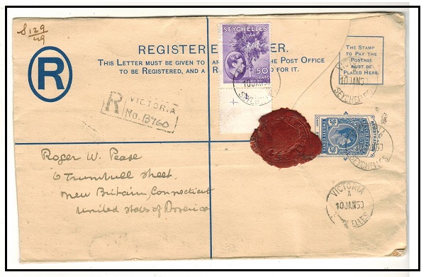 SEYCHELLES - 1938 20c blue RPSE (size H) uprated to USA used at VICTORIA. H&G 4a.